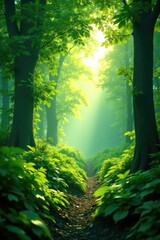 Fototapeta premium Dense foliage obscures sunlight filtering through leaves, forest atmosphere, foliage