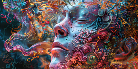 Abstract artistic image of human face with swirling patterns and colors, Futuristic digital art of human face with glowing patterns and shapes