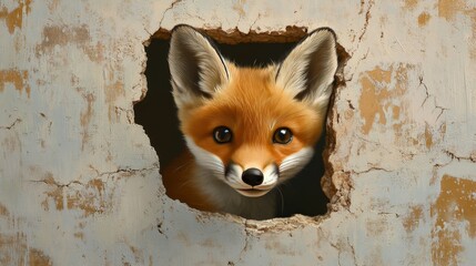 A baby red fox peeks through a hole in a wall.