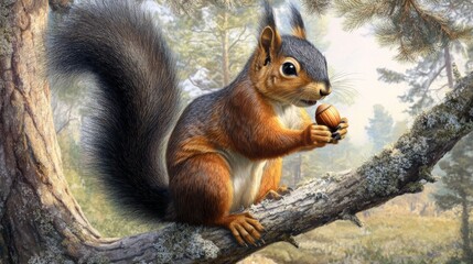 Obraz premium A big squirrel with a black tail and a fluffy tail is sitting on a tree branch with an acorn in its hand. It is in a city and is the biggest type of squirrel in North America.