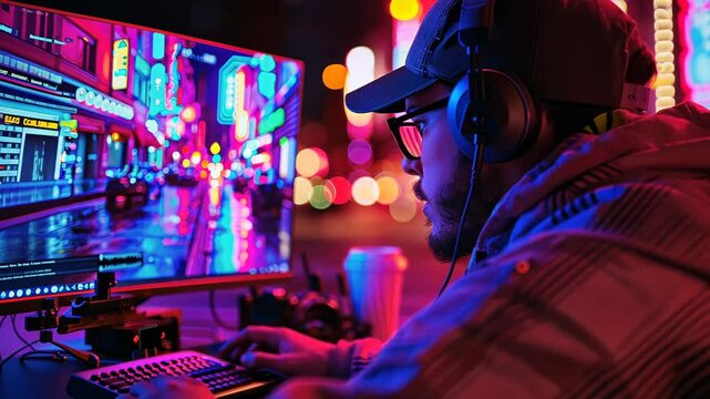 Video editing. Videographer edits nocturnal urban footage, vibrant city neons reflecting on the screen and their concentrated expression