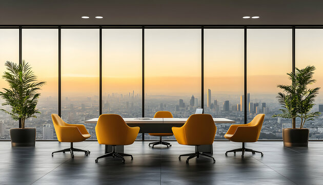 Modern office with panoramic city view at sunrise, featuring yellow chairs and a sleek conference table. Ideal for corporate success and business concepts.
