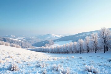 Frosty landscape with snow-covered hills and bare deciduous trees in the distance -Snowy Pecan Orchard III, icy, hillsides