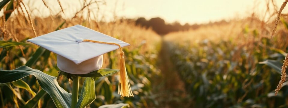 Graduation Cap Displayed on Corn Stalks in Agricultural Field with Blank Area for Adding Text or Messages