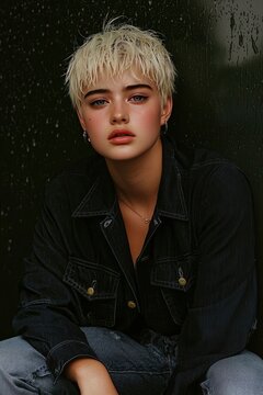 Young Woman with Short Blonde Hair Wearing a Denim Jacket