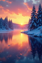 Frozen lake at sunset with snow-covered trees in the background, trees, calm