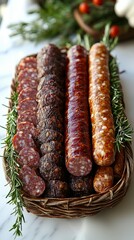 An artistic arrangement of gourmet sausages and slices showcases their rich colors and unique textures, appealing to food lovers and chefs looking for visual inspiration.