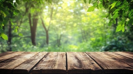 Wooden bench in a serene green forest with ample empty space for customizable text and inspirational messages.