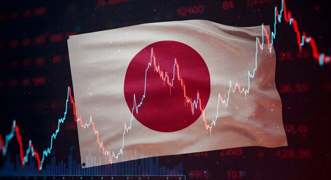Japanese flag with a stock market graph symbolizes the nikkei index and Japan's economic trends.
