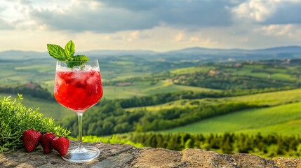 A countryside setting with a glass of strawberry basil lemonade on a stone ledge, overlooking a vast green field