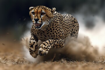 Cheetah Running Swiftly Across Dusty Ground
