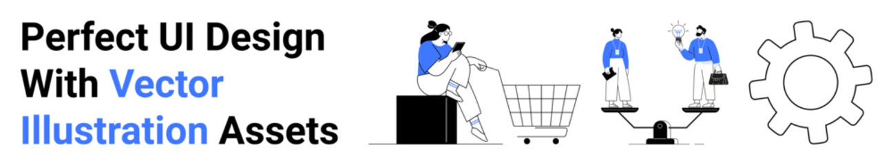 Shopping woman with cart, scales balancing objects, professionals with briefcases, large gear wheel. Ideal for e-commerce, business, teamwork, equality, balance marketing flat landing page banner