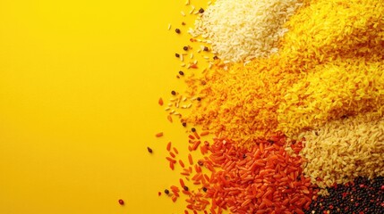 Obraz premium Colorful Assortment of Spices and Rice Blends on Vibrant Yellow Background with Empty Space for Text or Food Promotions
