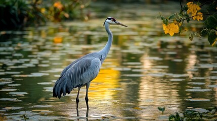 Naklejka premium A large bird with a long neck and legs, the common crane is a migratory bird that can be found in many parts of the world.