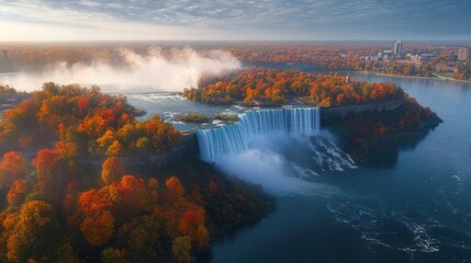 Autumnal Niagara Falls aerial view sunrise mist, vibrant foliage, cityscape background; travel/tourism