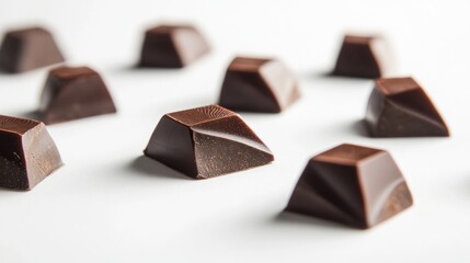Fototapeta premium Dark chocolate squares on white background, food photography for recipe or packaging