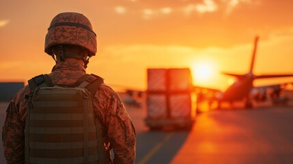 Soldier in Camouflage Uniform Watching Sunset Over Airfield with Aircraft and Cargo
