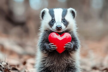Badger - my cherished animal. Digital ads animal creative. Cute badger baby with diamond red heart on in a natural habitat. Heartfelt animal moment. Heartwarming nature love story. Wild love.