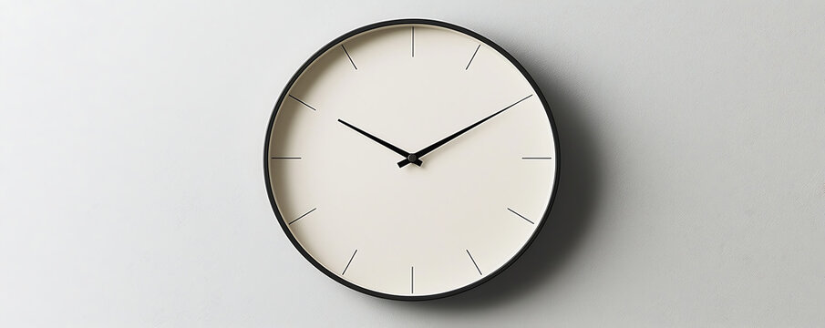 A sleek and modern white wall clock with a circular face and thin black hands is displayed against a neutral background, emphasizing simplicity and timekeeping precision