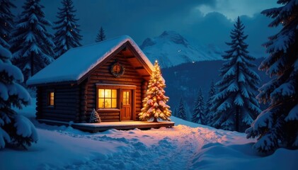 Fototapeta premium Snow-covered cabin with Christmas tree lightning in the windowsill, sparkling lights, cabin