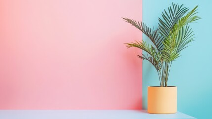Obraz premium Vibrant pastel color wall backgrounds with a potted plant for product mockups and promotional text placement