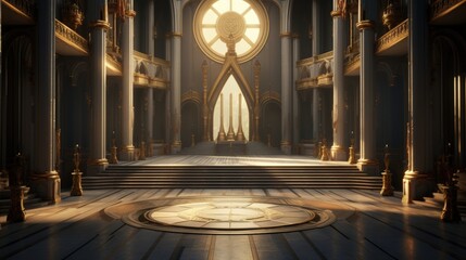 Obraz premium Majestic Grand Throne Room with Radiant Light and Elegant Architectural Features Captured in Stunning Detail, Grand Hall of a Gilded Palace