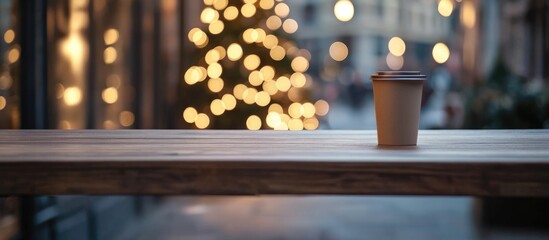 Cozy wooden table with a hot cocoa cup in front of a festive Christmas tree market scene ideal for winter beverage promotions