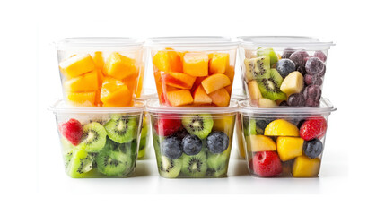 A set of clear plastic containers filled with fresh fruit on white background