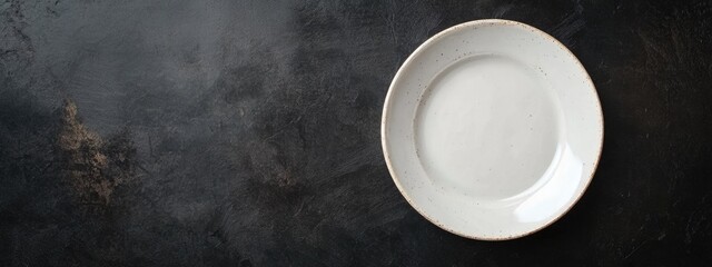 White plate with delicious tomato soup on dark stone surface with ample empty space for text or design elements