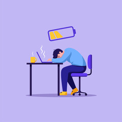 Exhausted Man Sleeping at Desk with Laptop and Empty Battery Icon