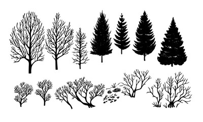 Fototapeta premium Linocut style tree and nature set. Black branches, trees