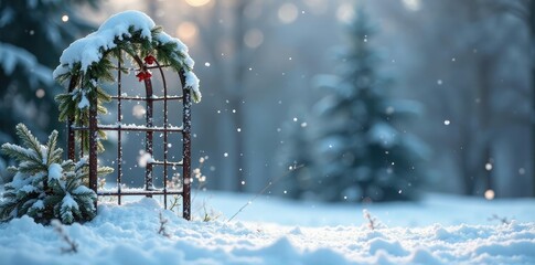 Snowflakes falling gently, a metal trellis covered in snow, and a few scattered evergreen branches, branches, trellis, snow