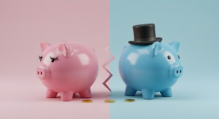A piggy bank representing a female partner leaves a male partner and breaks off financial relations with him. Separation of budgets. Financial independence, breakup, divorce, and economic freedom