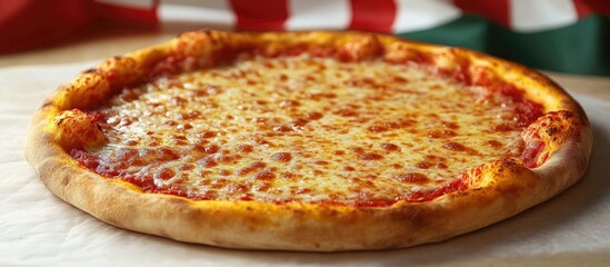 Cheese Pizza Day Celebration with Round Pizza on White Background Featuring Italian Flag Colors and Empty Space for Text