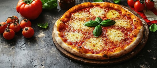 Cheese Pizza Day Concept Featuring Round Pizza Arranged as Italian Flag on White Background with Ingredients Displayed