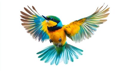 Obraz premium A vibrant bird with colorful wings flaunting hues of yellow, blue, and green against a pure white backdrop.
