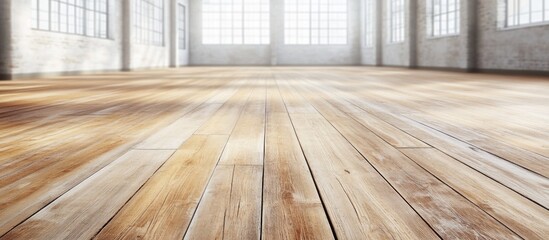 Wood textured floor in spacious interior with white walls and large windows ideal for textual content or creative design applications