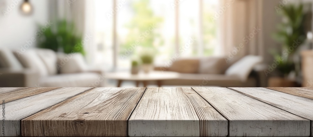 Sticker Wooden tabletop with blurred home interior background creating empty space for text or product placement in a cozy living room setting