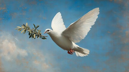 A white dove with an olive branch soars through the sky, symbolizing peace and hope.