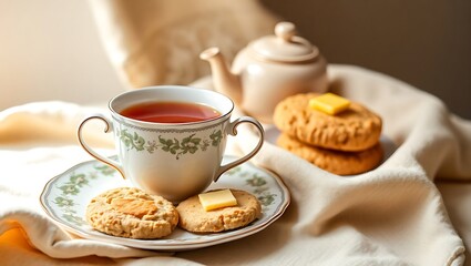 Fototapeta premium Cozy Tea Time: Oat Biscuits & a Warm Cup of Tea