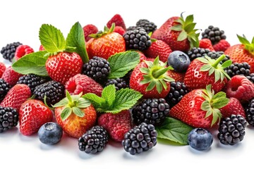 Obraz premium High-resolution stock photo: juicy blackberries and strawberries, vibrant summer colors against a pure white backdrop.