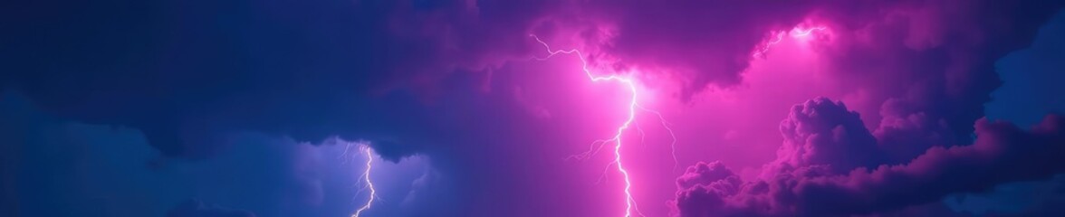 Thunderstorm clouds illuminated by neon glowing lightning in the foreground, growling, nature, glowing
