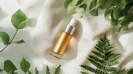 Cosmetic bottle mockup on wavy background with leaves