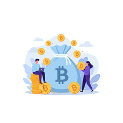 Bitcoin Investment Concept with Man on Coins and Woman Holding Coin