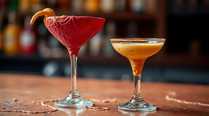 Close up shot of two Colorful Cocktails on Bar