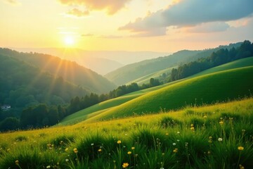 Obraz premium Tranquil morning light caresses rolling hills, hills, serene, morning