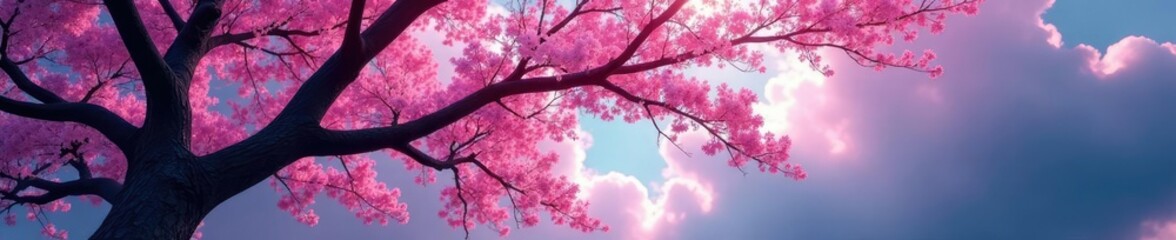 Tree branches in bright shades of pink and blue, color blending, nature photography