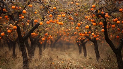 Autumn persimmon orchard, misty morning, harvest, tranquil scene, nature wallpaper