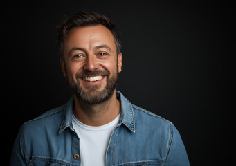 Obraz premium Studio portrait of a happy man wearing a denim shirt over a white t-shirt, set against a black background. He has short hair, a beard, and brown eyes, smiling with his teeth showing while looking dire