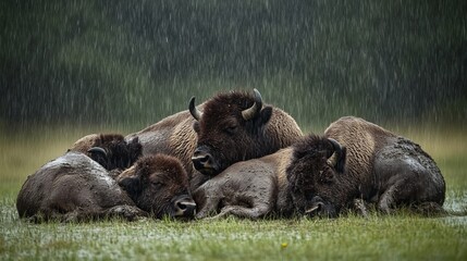 Fototapeta premium American bison (buffalo) huddle together during a rainstorm in the Fort Niobrara National Wildlife Refuge in Nebraska.